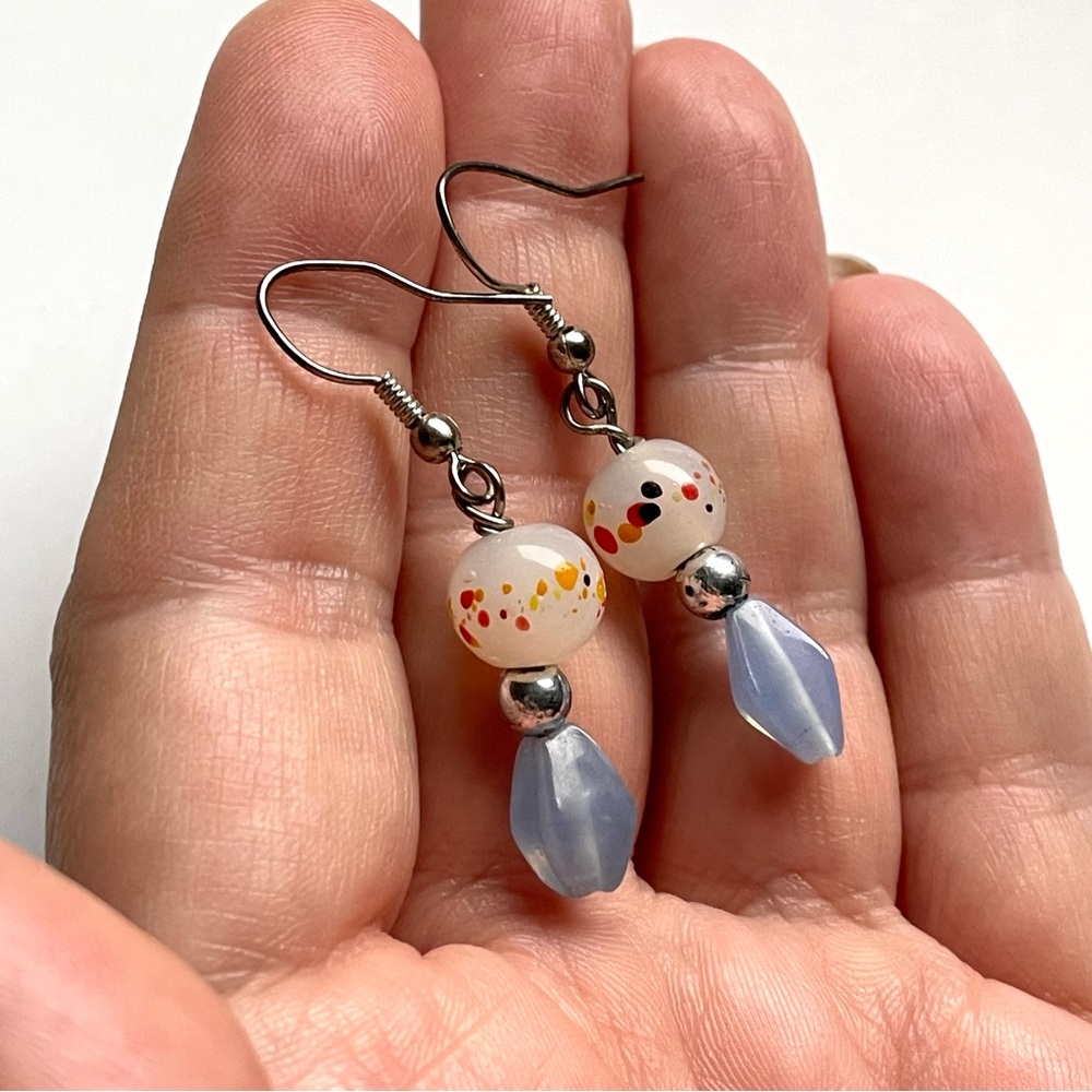Vintage confetti & milky blue art glass dangle earrings